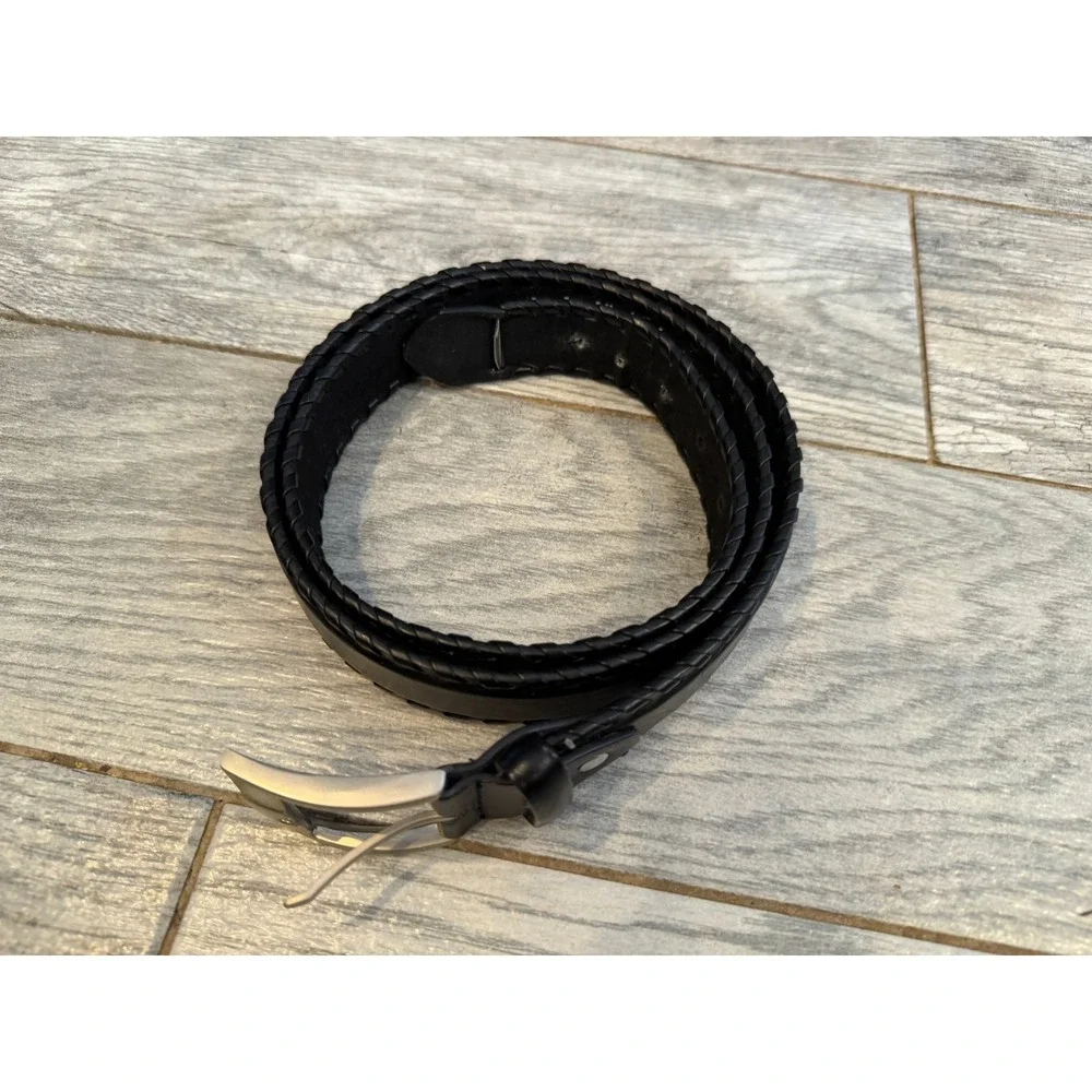 Braided Edge Genuine Leather Belt Mens 44 Black Whipstitch Silver Buckle Western